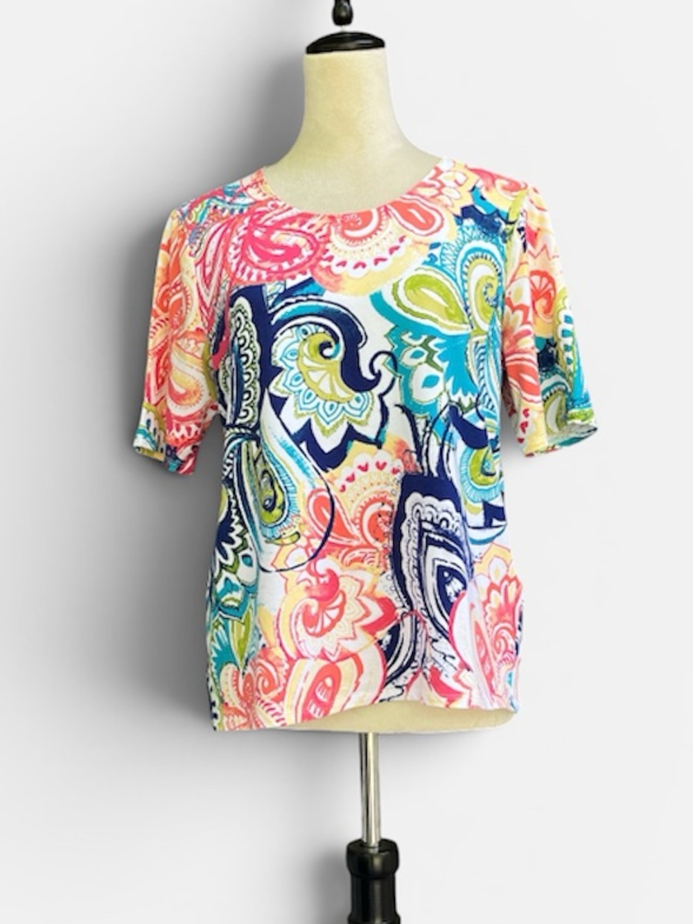 Chico's Paisley Print Cotton Stretch Tee Women's Sz 1 (M)